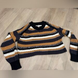 Free People Cropped Black, Cream & Mustard Striped Knit Sweater